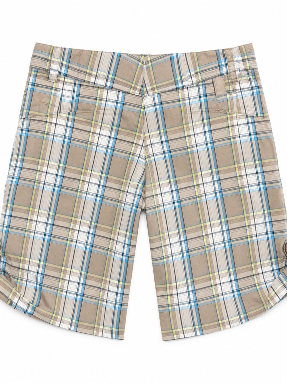 Lipsy Beige Plaid Cargo Shorts with Blue Accents